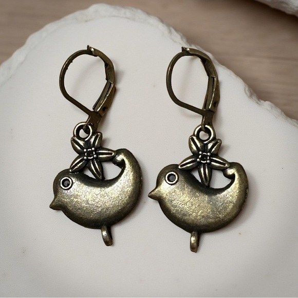 Handmade Antique Bronze Bird Earrings . Lever-back Hooks . Boho . Boho Cute Gift - Picture 2 of 6